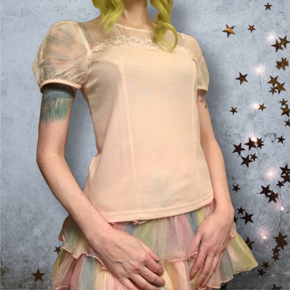 Peachy Pastel Pink Pretty Floral Mesh Bodice Top